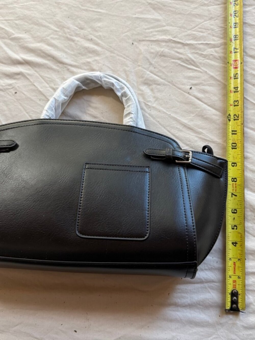 NWOT Black Genuine Leather Satchel Top Handle Bag Buckle Sides Shoulder Strap